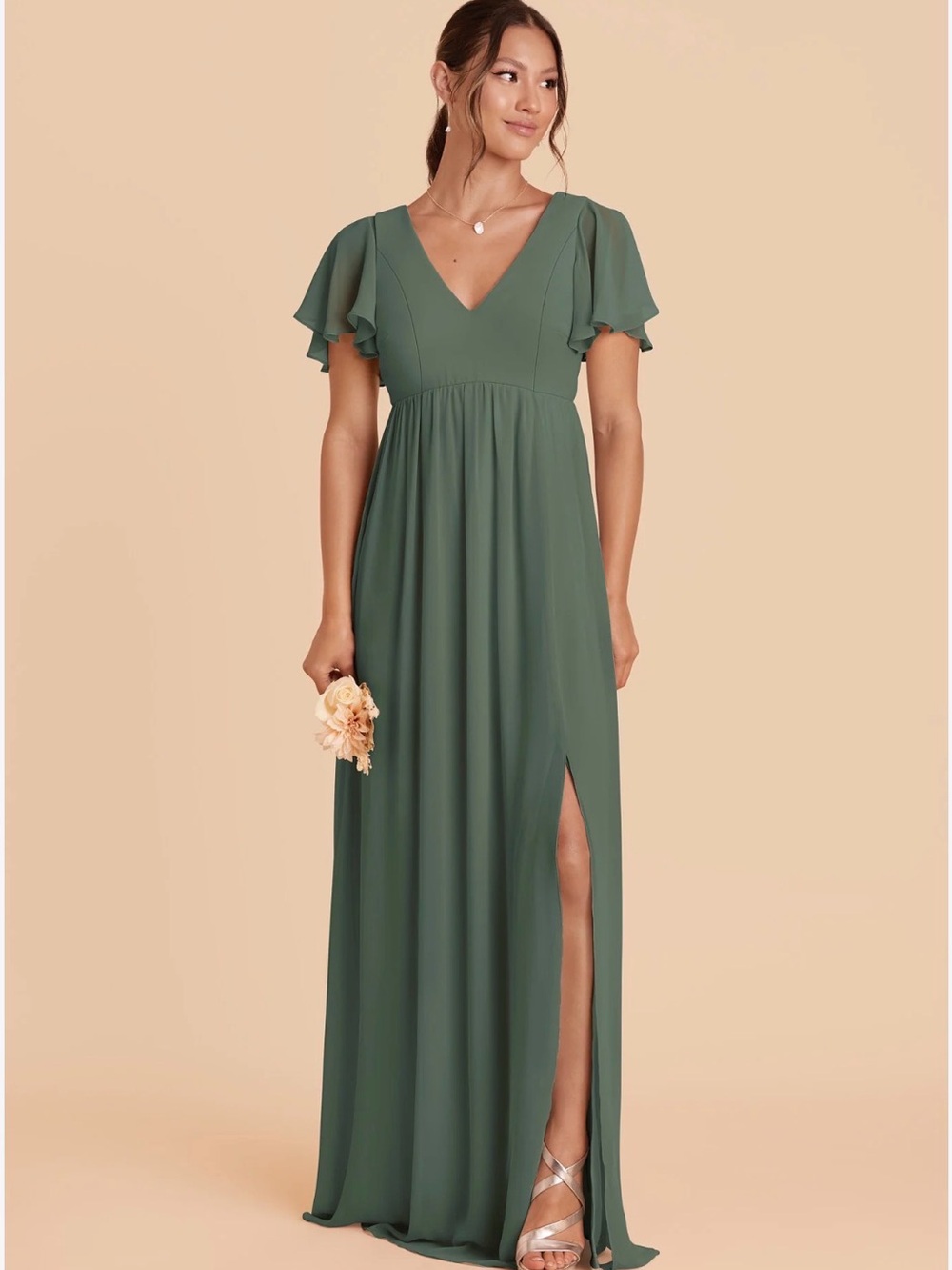 Birdy Grey Olive Green V-Neck Flutter Sleeve Maxi Dress